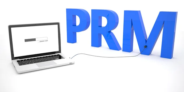 PRM - Partner Relationship Management - ordinateur portable portable connecté à un mot sur fond blanc. Illustration de rendu 3D . — Photo