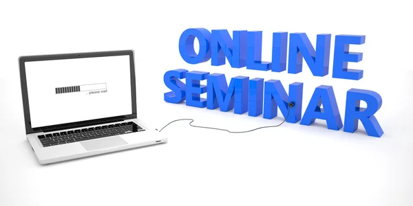 Online-Seminar - Laptop-Notebooks, die mit einem Wort auf weißem Hintergrund verbunden sind. 3D-Darstellung. — Stockfoto