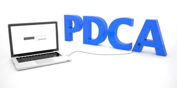 PDCA - Plan Do Check Act - ordinateur portable portable connecté à un mot sur fond blanc. Illustration de rendu 3D . — Photo