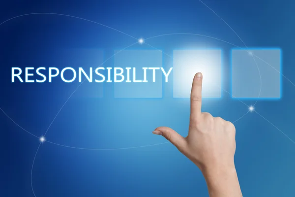 Responsibility - hand pressing button on interface with blue background. — Stockfoto