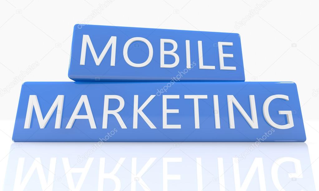 Mobile Marketing - 3d render blue box with text on it on white background with reflection