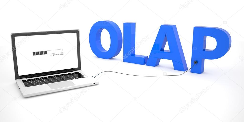 OLAP - Online Analytical Processing - laptop notebook computer connected to a word on white background. 3d render illustration.