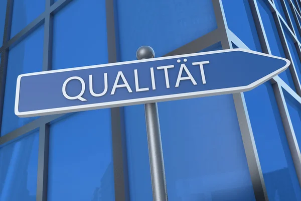 Qualitaet - german word for quality or grade - illustration with street sign in front of office building. — Stock fotografie