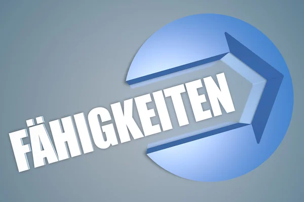 Faehigkeiten - palavra alemã para habilidades, habilidade ou competência - texto 3d renderizar conceito de ilustração com uma seta em um círculo em fundo azul-cinza — Fotografia de Stock