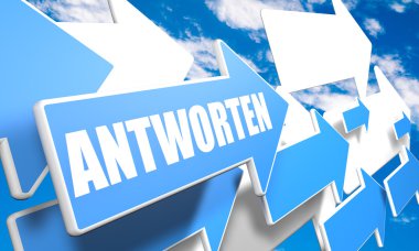 Antworten - german word for answer or respond - 3d render concept with blue and white arrows flying in a blue sky with clouds