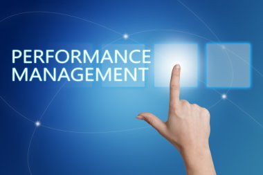 Performance Management - hand pressing button on interface with blue background.