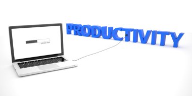 Productivity - laptop notebook computer connected to a word on white background. 3d render illustration.