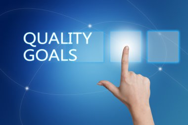 Quality Goals - hand pressing button on interface with blue background.