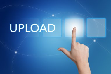 Upload - hand pressing button on interface with blue background.