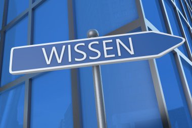 Wissen - german word for knowledge - illustration with street sign in front of office building.