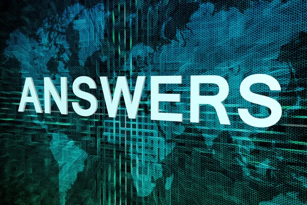 Answers text concept on green digital world map background — Φωτογραφία Αρχείου