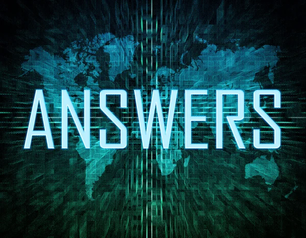 Answers text concept on green digital world map background — Stockfoto
