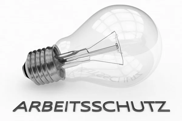 Arbeitsschutz - german word for work safety - lightbulb on white background with text under it. 3d render illustration. — стокове фото