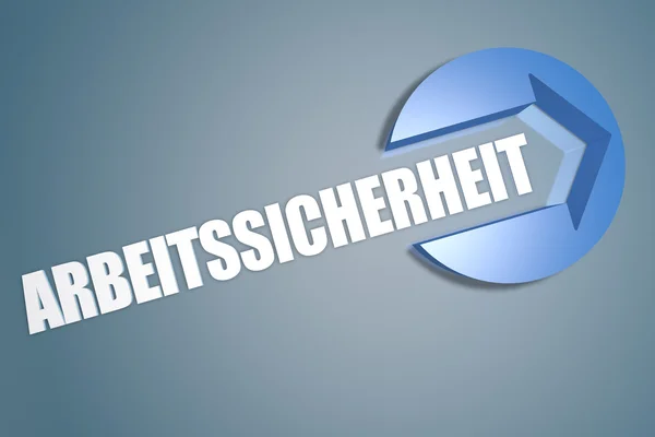 Arbeitssicherheit - немецкое слово для обозначения безопасности труда - текст 3d визуализации концепции со стрелкой в круге на сине-сером фоне — стоковое фото