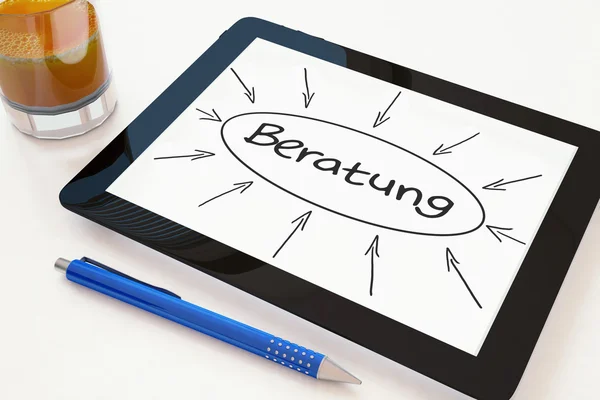 Beratung - german word for consulting - text concept on a mobile tablet computer on a desk - 3d render illustration. — Stockfoto