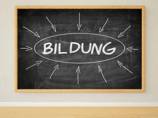 Bildung - german word for education - 3d render illustration of text on black chalkboard in a room. — Stockfoto