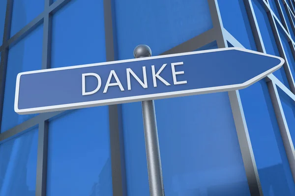 Danke - german word for thank you - illustration with street sign in front of office building. — Stok fotoğraf