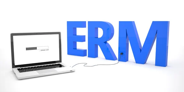 ERM - Enterprise Risk or Resource Management - laptop notebook computer connected to a word on white background. 3d render illustration. — Stock Photo, Image