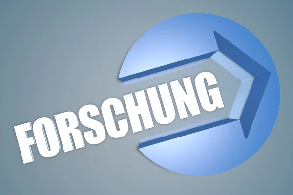 Forschung - palavra alemã para pesquisa - texto 3d renderizar conceito de ilustração com uma seta em um círculo sobre fundo azul-cinza — Fotografia de Stock