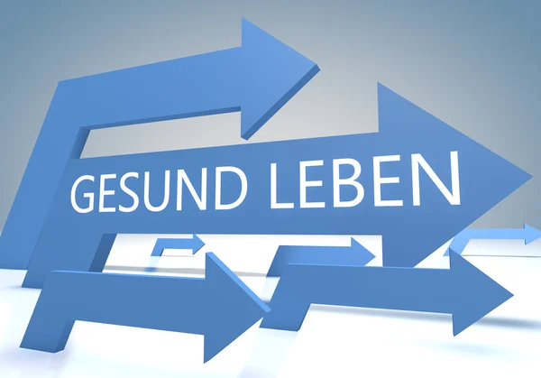 Gesund leben - german word for living well - render concept with blue arrows on a bluegrey background. — Zdjęcie stockowe