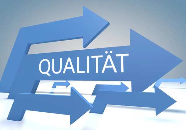 Qualitaet - palabra alemana para calidad o grado - concepto de renderizado con flechas azules sobre fondo azul . —  Fotos de Stock