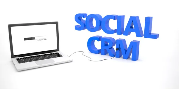 Social CRM ordenador portátil portátil conectado a una palabra sobre fondo blanco. ilustración de renderizado 3d . — Foto de Stock