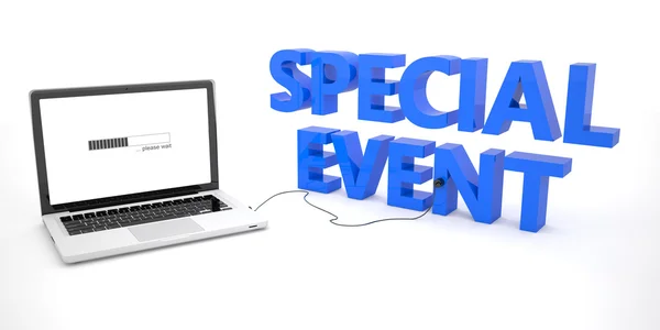 Evento especial ordenador portátil portátil conectado a una palabra sobre fondo blanco. ilustración de renderizado 3d . — Foto de Stock
