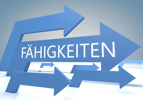 Faehigkeiten - deutsches Wort für Fertigkeiten, Fähigkeiten oder Kompetenz - Rendering-Konzept mit blauen Pfeilen auf blaugrauem Hintergrund. — Stockfoto