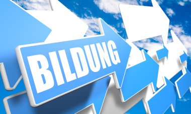 Bildung - german word for education - 3d render concept with blue and white arrows flying in a blue sky with clouds