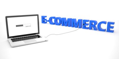 E-Commerce - laptop notebook computer connected to a word on white background. 3d render illustration.