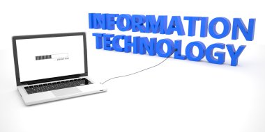 Information Technology - laptop notebook computer connected to a word on white background. 3d render illustration.