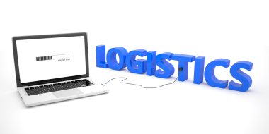 Logistics - laptop notebook computer connected to a word on white background. 3d render illustration.