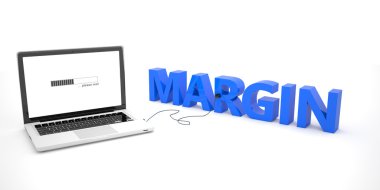 Margin - laptop notebook computer connected to a word on white background. 3d render illustration.