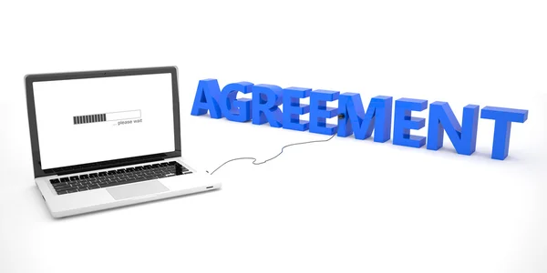 Agreement - laptop notebook computer connected to a word on white background. 3d render illustration. — Stockfoto