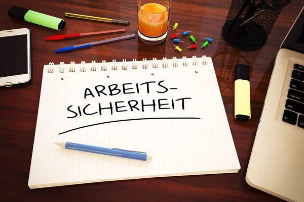 Arbeitssicherheit - Duitse woord voor arbeidsveiligheid - handgeschreven tekst in een notitieblok op een bureau - 3d render-afbeelding. — Stockfoto