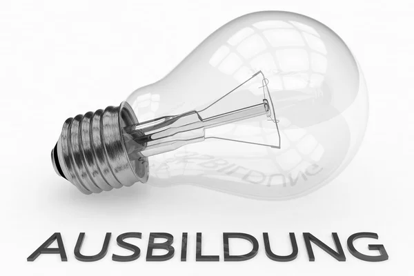 Ausbildung - german word for education or training - lightbulb on white background with text under it. 3d render illustration. — 스톡 사진