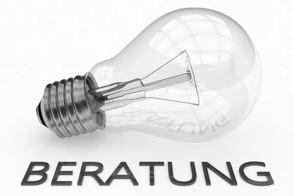 Beratung - german word for consulting - lightbulb on white background with text under it. 3d render illustration. — Stockfoto