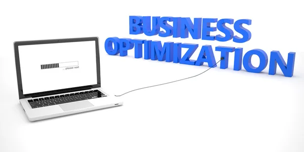 Оптимизация бизнеса - ноутбук компьютер подключен к слову на белом фоне. Трехмерная иллюстрация . — стоковое фото