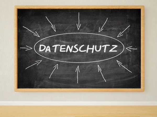Datenschutz - palabra alemana para la protección de la privación de datos - 3d render illustration of text on black chalkboard in a room . —  Fotos de Stock
