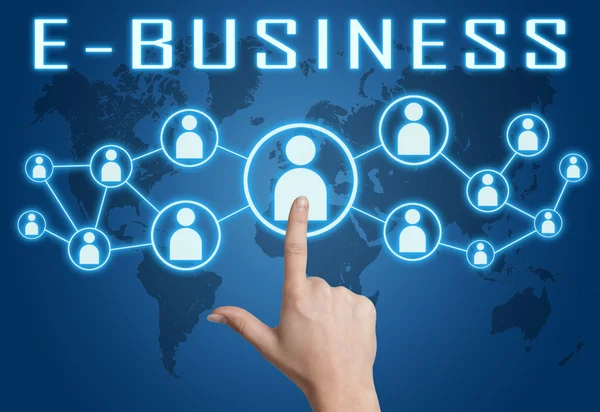 E-Business concept with hand pressing social icons on blue world map background. — Stock Photo, Image