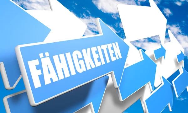 Faehigkeiten - palabra alemana para habilidades, habilidad o competencia - concepto de representación 3d con flechas azules y blancas volando en un cielo azul con nubes — Foto de Stock