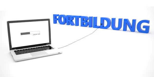 Fortbildung - german word for further education - laptop notebook computer connected to a word on white background. 3d render illustration. — Stock Fotó