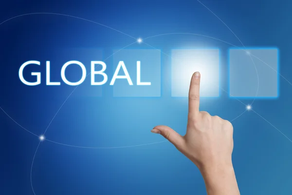 Global - hand pressing button on interface with blue background. — Stock Photo, Image