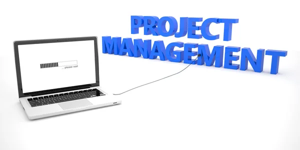 Project Management - notebook portatile collegato a una parola su sfondo bianco. Illustrazione rendering 3d . — Foto Stock