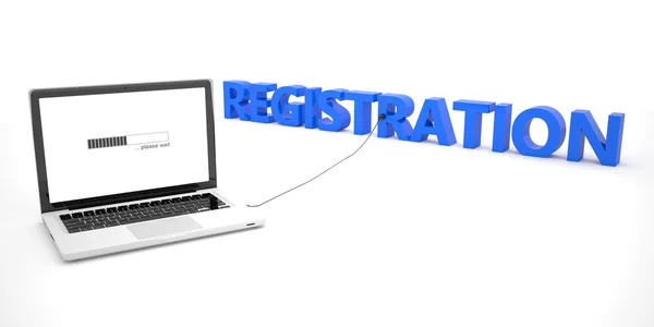 Registration - laptop notebook computer connected to a word on white background. 3d render illustration. — Stock Fotó