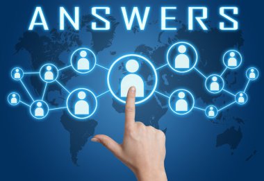 Answers concept with hand pressing social icons on blue world map background.