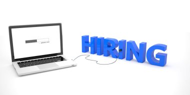 Hiring - laptop notebook computer connected to a word on white background. 3d render illustration.