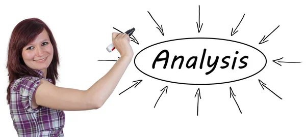 Analys - ung affärskvinna ritning information koncept på whiteboard. — Stockfoto