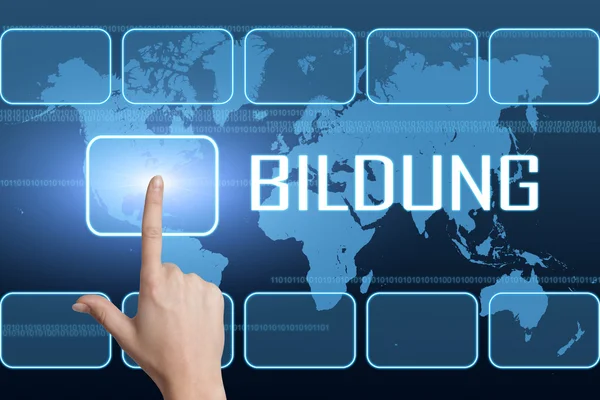 Bildung - german word for education concept with interface and world map on blue background — Stok fotoğraf