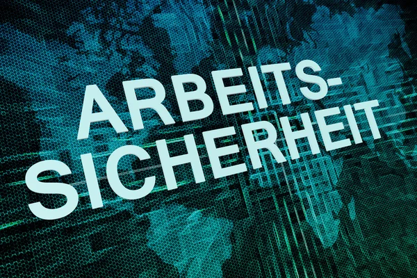 Arbeitssicherheit - german word for work safety text concept on green digital world map background — Stockfoto